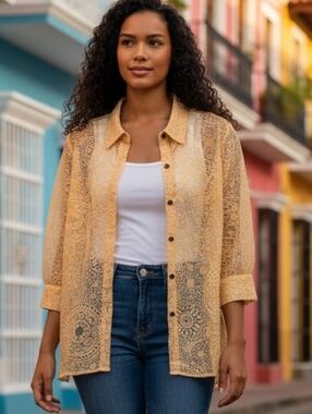 Alfred Dunner Mustard Paisley Sheer Button Shirt